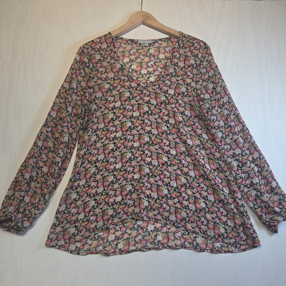 Annalee + Hope Sheer Floral Blouse Women's Medium Black Pink USA Boho